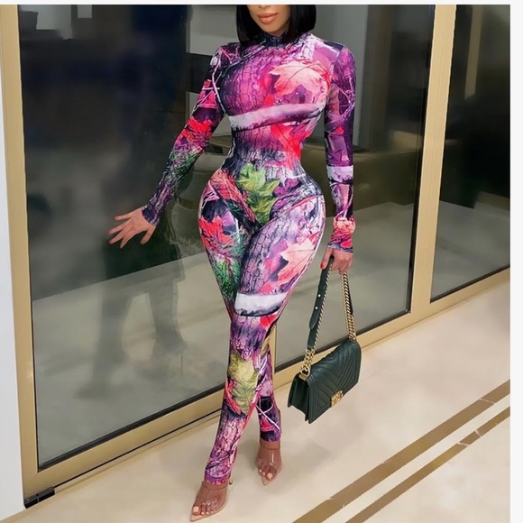 Pants - Women's 2 Piece See Through Mesh Camo Print Bodycon Jumpsuit